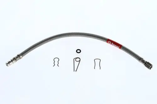 BOSCH Manometer-Schlauch aus flexiblem Material mit metallischer Umhüllung, umgeben von verschiedenen Befestigungselementen wie Riegel und O-Ring.